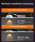 Installation scenarios of Lumary Smart Gimbal Recessed Lighting 4 Inch, showing air tight and non air tight options.