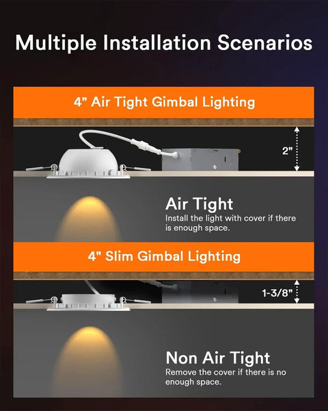 Installation scenarios of Lumary Smart Gimbal Recessed Lighting 4 Inch, showing air tight and non air tight options.