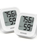 All In One Room Humidity And Temperature Meter With LCD Display Accurate Hygrometer Thermometer For Bedroom Nursery Office Greenhouse And Cellar Easy To Read Sensor With Precise Temperature And Humidity Readings. White LCD hygrometer thermometer, front view, 2-pack