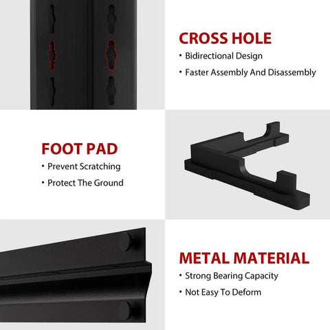 Beefy Heavy-Duty 5 Tier Garage Shelving Unit features cross hole, foot pad, and metal material details for durability.