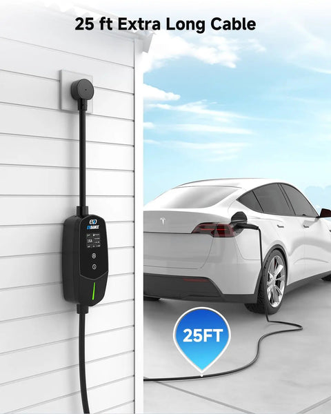 Tesla Ready Portable Level 1 And Level 2 EV Charger With 16A Output 25 Foot Cable connected to Tesla car