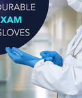 Built Tough Powder Free Nitrile Exam Gloves With Killer Textured Grip And Real Deal Burst Proof Strength For Medical Or Food Tasks, Latex Free Snug Fit, Blue Medium, 100 Count being worn by a medical professional.