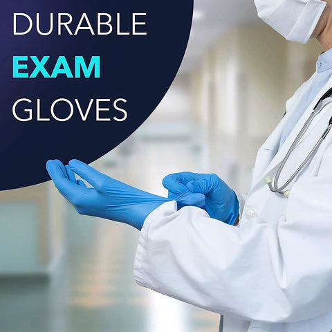 Built Tough Powder Free Nitrile Exam Gloves With Killer Textured Grip And Real Deal Burst Proof Strength For Medical Or Food Tasks, Latex Free Snug Fit, Blue Medium, 100 Count being worn by a medical professional.