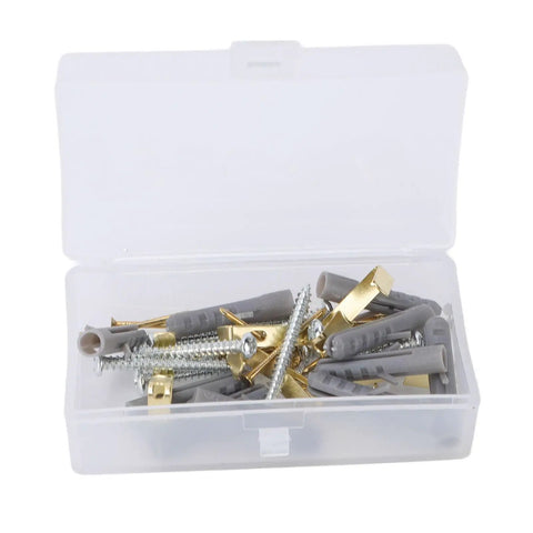 Plastic box containing screws and wall plugs from the Pink Tool Kit For Women 18 Piece Complete Hand Tool Set With Hammer Wrench Measuring Tape And Screwdrivers For Home Repair DIY Projects Perfect For Quick Fixes And Fun Creative Projects