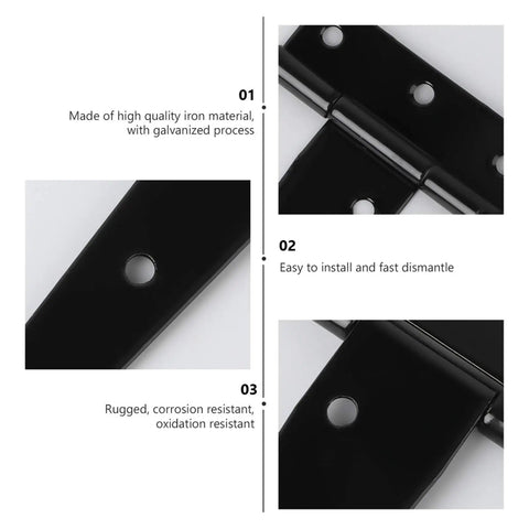 Close-up of black iron hinges from Six Inch T Shape Beefy Rustproof Iron Light Duty Shed Hinge Set for DIY Gates and Doors with installation details