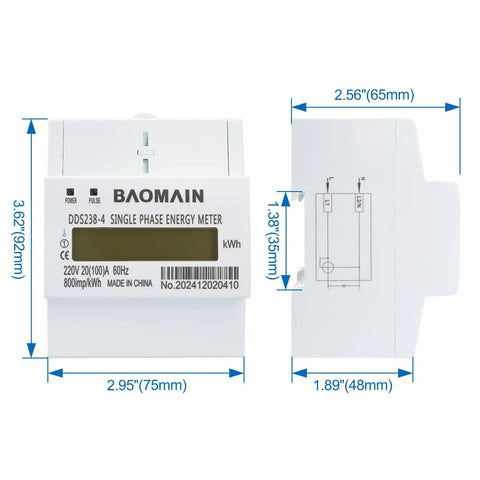 Front and side view of Single Phase KWh Meter For 220V Systems 20A To 100A DIN Rail Power Meter With LCD Display High Accuracy Energy Monitor.