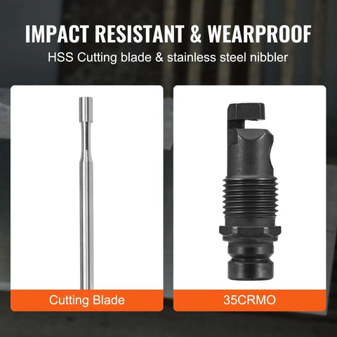 Image of Double Head Sheet Metal Nibbler Cutter Drill Attachment components with cutting blade and 35CRMO material description.