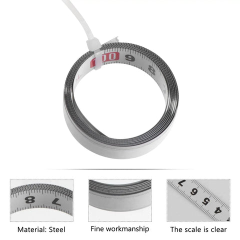 No Fuss Self Adhesive One Meter Steel Metric Track Ruler Tape rolled, showing clear scale for easy measurements at workstations.