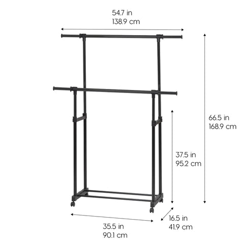 Heavy Duty Double Rod Clothes Rack With Smooth Rolling Lockable Wheels And Height Adjustable Extendable Bar Dead Simple Setup Portable Wardrobe Stand For Coats Dresses Pants Belts Shoes Hang Whatever You Need No Sweat