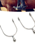 Stainless Steel Horse Spurs With Smooth Roller Ball For Boots Western Cowboy Equestrian Gear English Spur For Training Dressage Ranch Riding Recreation 2 Pack, showing two spurs and rider on horse