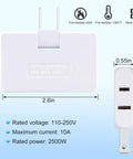 3 Pack AC Flat Wall Outlet Extender With Fully Rotating Plug And Slim Profile showing dimensions and specifications for use in tight spots.
