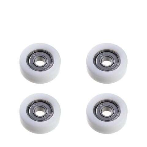 Four Pack Heavy Duty Nylon Roller Idler Bearing Pulleys Running Smooth As Butter With Round Groove Design For Quiet Sliding Cabinet Doors And Furniture Hardware Jobs Built Tough For Everyday Use, white nylon wheels.