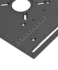 Heavy Duty Router Table Insert Plate With Manual Crank Lift Kit Dead Nuts Secure Clamping Base For Easy Power Tool Woodworking Trimming And Workbench Upgrades Black close-up of measurements and mounting holes
