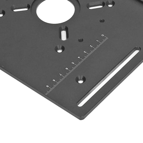 Heavy Duty Router Table Insert Plate With Manual Crank Lift Kit Dead Nuts Secure Clamping Base For Easy Power Tool Woodworking Trimming And Workbench Upgrades Black close-up of measurements and mounting holes