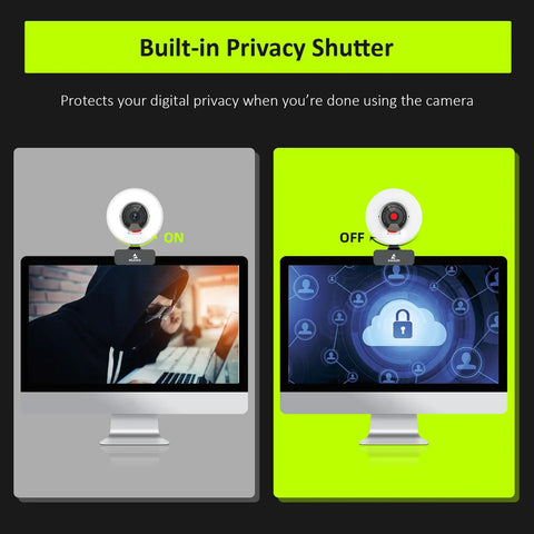 Crisp 1080P 60FPS Webcam With Built In Ring Fill Light And Smooth Touch Controls For Streaming Or Group Calls On Laptop Or Desktop PC With Dual Stereo Mics And Fast Autofocus, showing privacy shutter feature.