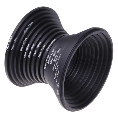Boost Your Lens Game With An 18 Piece Metal Step Up Step Down Ring Adapter Kit For DSLR Cameras showing stacked rings