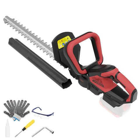Cordless Hedge Trimmer With Twenty Two Inch Dual Action Blade For Quick Hedge Shaping Three Fifths Inch Cutting Capacity 1600 RPM Safety Lock Battery Not Included Lightweight Ergonomic Design For Easy Handling And Consistent Precise Cuts shown with accessories