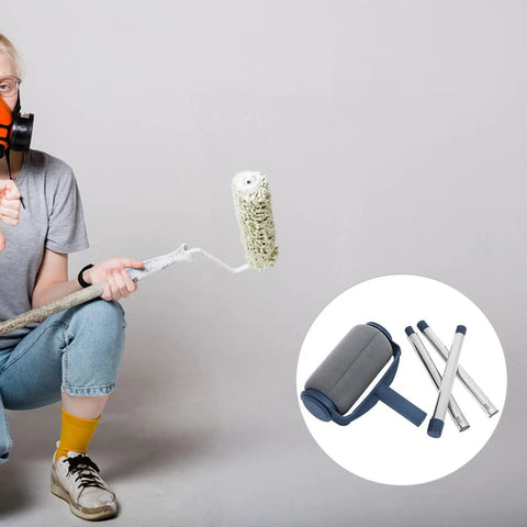 Pro Level Extendable Paint Roller With Extra Long Telescoping Pole Ergonomic Comfort Grip for large projects, shown with tools.