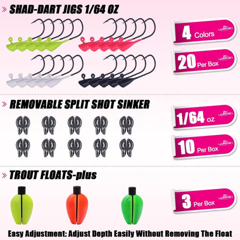 Trout Fishing Kit With 165 Pieces Including Split Tail Grub Worms, Shad Dart Jig Heads, Floats And Sinkers For Creek And River Angling