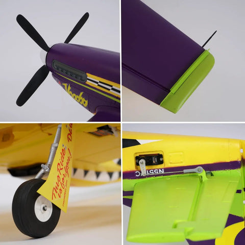 Close-up details of 6 Channel RC Plane For Adults With 1100mm Wingspan P51 Mustang Voodoo Hobby RC Plane PNP, propeller and tail.