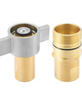 Solimeta 1-inch NPT wet-line wing-nut hydraulic quick-disconnect two-piece coupler set; close-up of brass adapters.