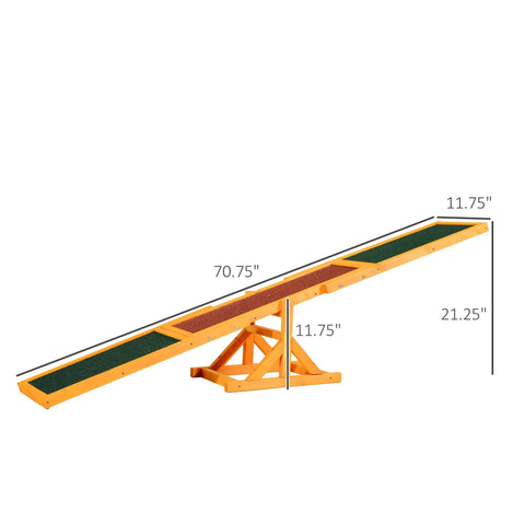 71 Inch Dog Agility Seesaw Pro Grade Solid Fir Wood Construction With Non Slip Surface And Adjustable Height For Small And Large Dogs Backyard Obstacle Course Natural Finish with measurements.