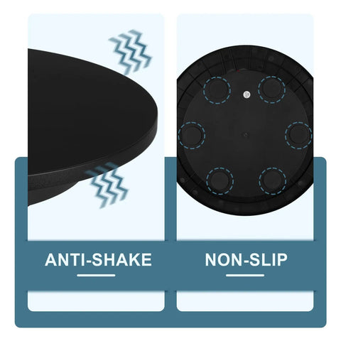 Close-up of Heavy Duty Motorized Rotating Display Stand Rechargeable 360 Degree Platform features anti-shake and non-slip base.