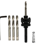 Heavy Duty Metal Hole Saw Arbor Kit With Hex Shank And Four Center Drill Bits Perfect For Rugged Drilling Jobs Without Breaking A Sweat Or Running To The Hardware Store Again, metal arbor kit with wrench and spring