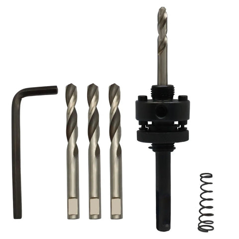 Heavy Duty Metal Hole Saw Arbor Kit With Hex Shank And Four Center Drill Bits Perfect For Rugged Drilling Jobs Without Breaking A Sweat Or Running To The Hardware Store Again, metal arbor kit with wrench and spring