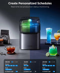 Smart Ice Maker Countertop With Voice Control And WiFi, illuminated with RGB lights, on a kitchen counter with drinks