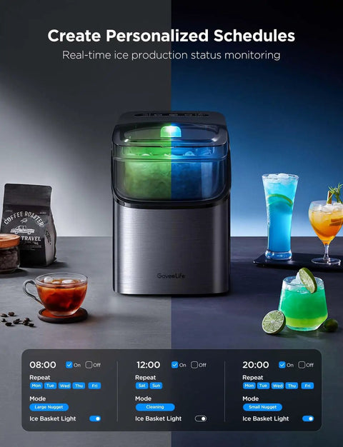 Smart Ice Maker Countertop With Voice Control And WiFi, illuminated with RGB lights, on a kitchen counter with drinks