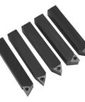Five-piece carbide turning tool set with indexable tips and screws; black shank bars for turning and facing.