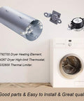 Image of Dryer Heating Element Kit 134792700 with high-limit thermostat 3204267 and thermal limiter 137032600 next to a dryer.
