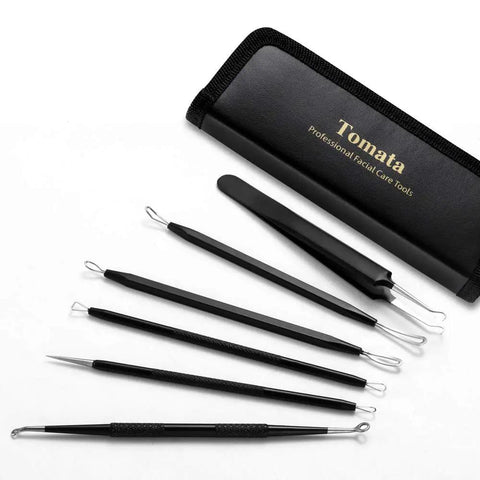6 Piece Pimple Popper Kit With Stainless Steel Comedone Extractors For Blackhead Removal At Home Facial Care Tools With Textured Grips in black case