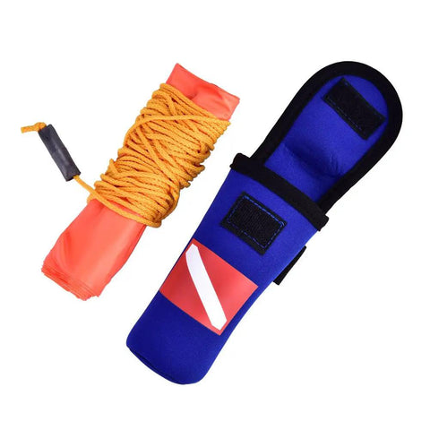 All-In-One High Visibility Surface Marker Buoy For Scuba Diving set with orange buoy and blue storage bag