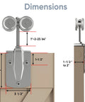 Dimensions and design details of Exterior Sliding Door Hangers and Box Rail Barn Door Hardware Kit in Silver for Outdoor Use
