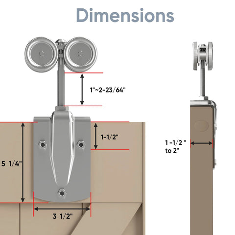 Dimensions and design details of Exterior Sliding Door Hangers and Box Rail Barn Door Hardware Kit in Silver for Outdoor Use
