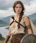 Back Sword Holster Leather Sword Holder with Adjustable Buckle worn on a woman over medieval attire in outdoor setting