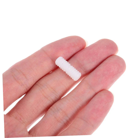 Pro Grade Nylon Hidden Fasteners For Wood Shelves And Cabinets 100 Pack concealed furniture connector in hand, slim white design.