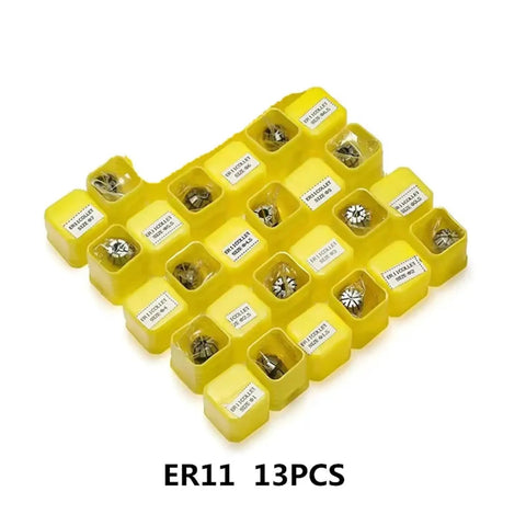 Top Tier Spring Collet Set For CNC Lathe And Milling Machine Includes ER8 ER11 ER16 ER20 ER25 ER32 Sizes With 0.015mm Precision Grip in yellow holder.