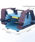 Badass 950W Bench Grinder And Belt Sander Combo with dimensions and dual abrasive belts for precision sanding and grinding.