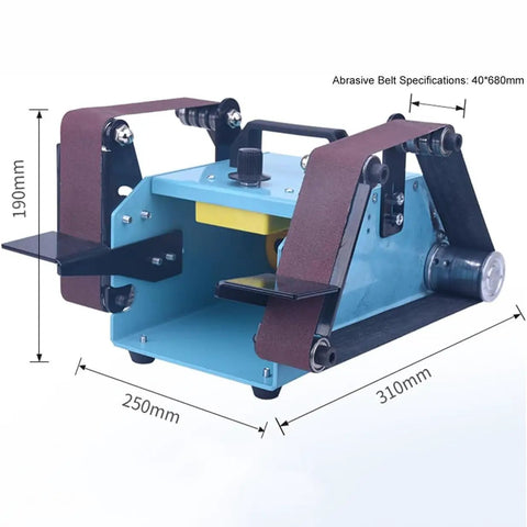 Badass 950W Bench Grinder And Belt Sander Combo with dimensions and dual abrasive belts for precision sanding and grinding.