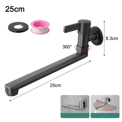 Wall Mounted Kitchen Faucet Cold Water,304 Stainless Steel Extended Spout Rotatable Single Handle For Sink Mop Pool,Gray(25cm) with 360° rotation.