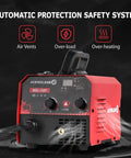 Acewelders Super Cool 130A Gasless Flux Core Mig Welder showing control panel, air vents, and safety features for beginners on 110V power.