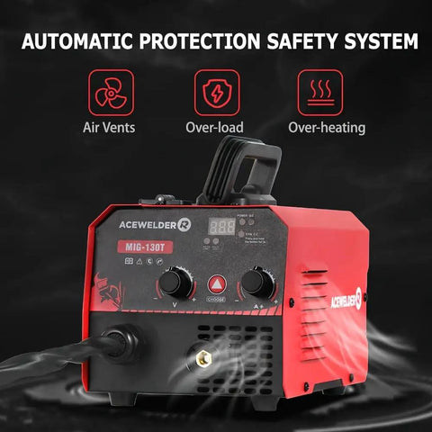 Acewelders Super Cool 130A Gasless Flux Core Mig Welder showing control panel, air vents, and safety features for beginners on 110V power.