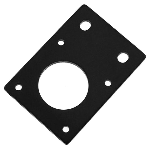 Black motor mount plate for NEMA 17 stepper motor with large central bore and multiple mounting holes