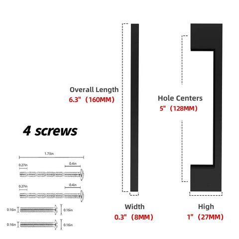 Diagram of 10 Pack 5 Inch Matte Black Cabinet Pulls Zinc Alloy Drawer Handles showing dimensions and 4 screws included