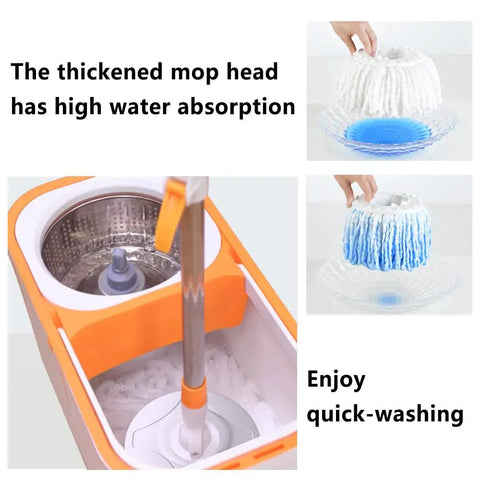 Spin Mop And Bucket Set With Wringer System And 61 Inch Extendable Stainless Steel Handle For Easy No Sweat Home Floor Cleaning Includes 5 Replacement Mop Heads And 1 Cleaning Brush