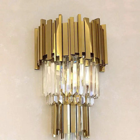 Sleek Led Wall Sconce Textured Crystal Glass Rod Shade Brushed Steel Frame in gold finish for bedroom hallway lounge