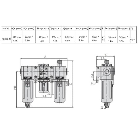 Diagram of Aluminum Alloy Body Pneumatic Air Filter Pressure Regulator And Lubricator For Industrial Air Systems GC300 15